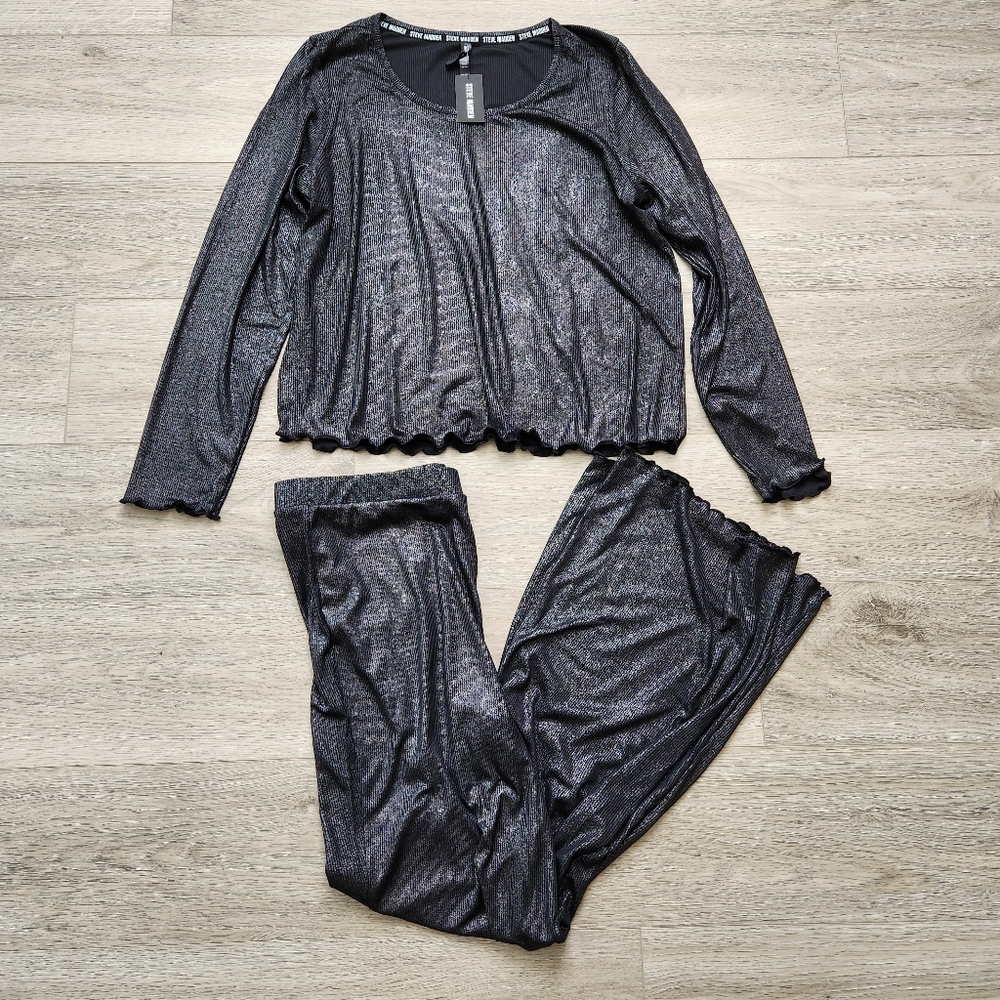 Steve Madden Black and Silver Pajama Set Womens XL Long Sleeve Pants Metallic
